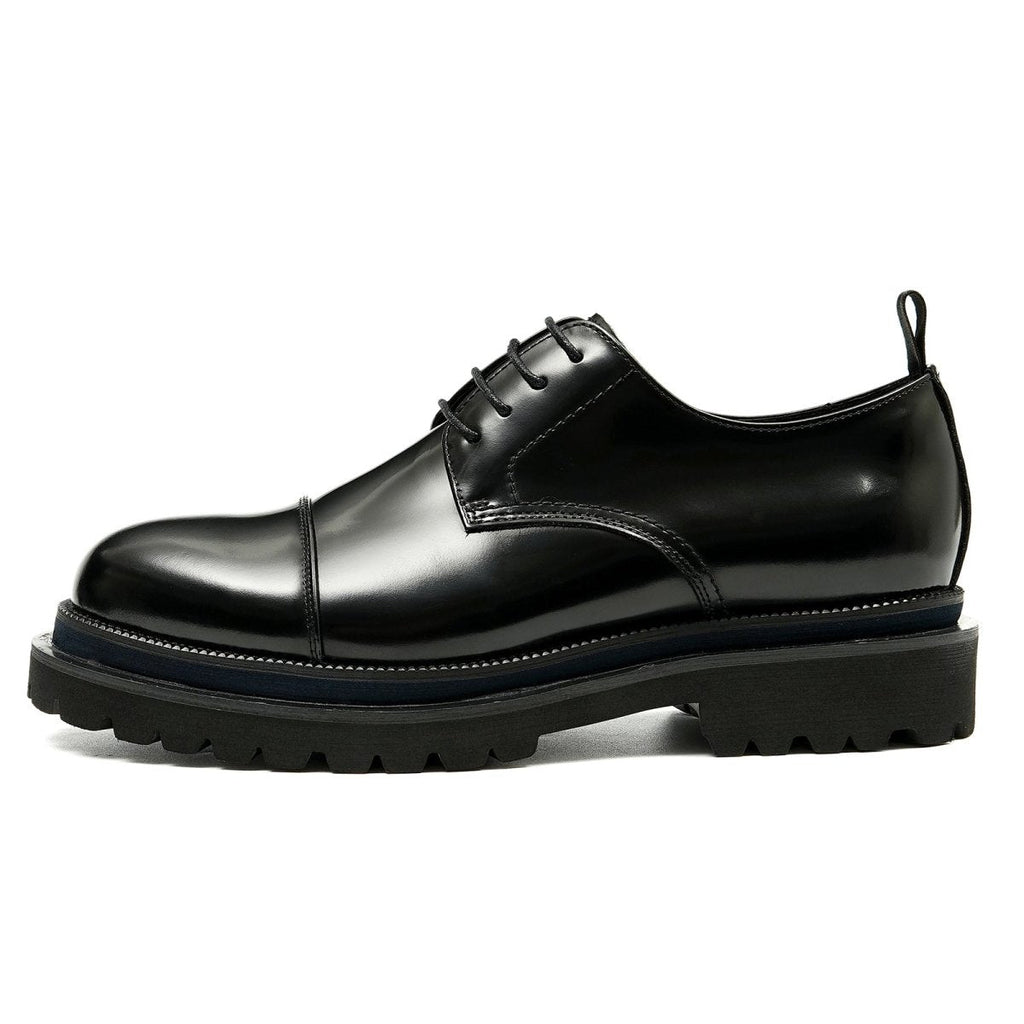 Mens glossy leather lace up derby shoes with cap toe and thick lug sole — view 2