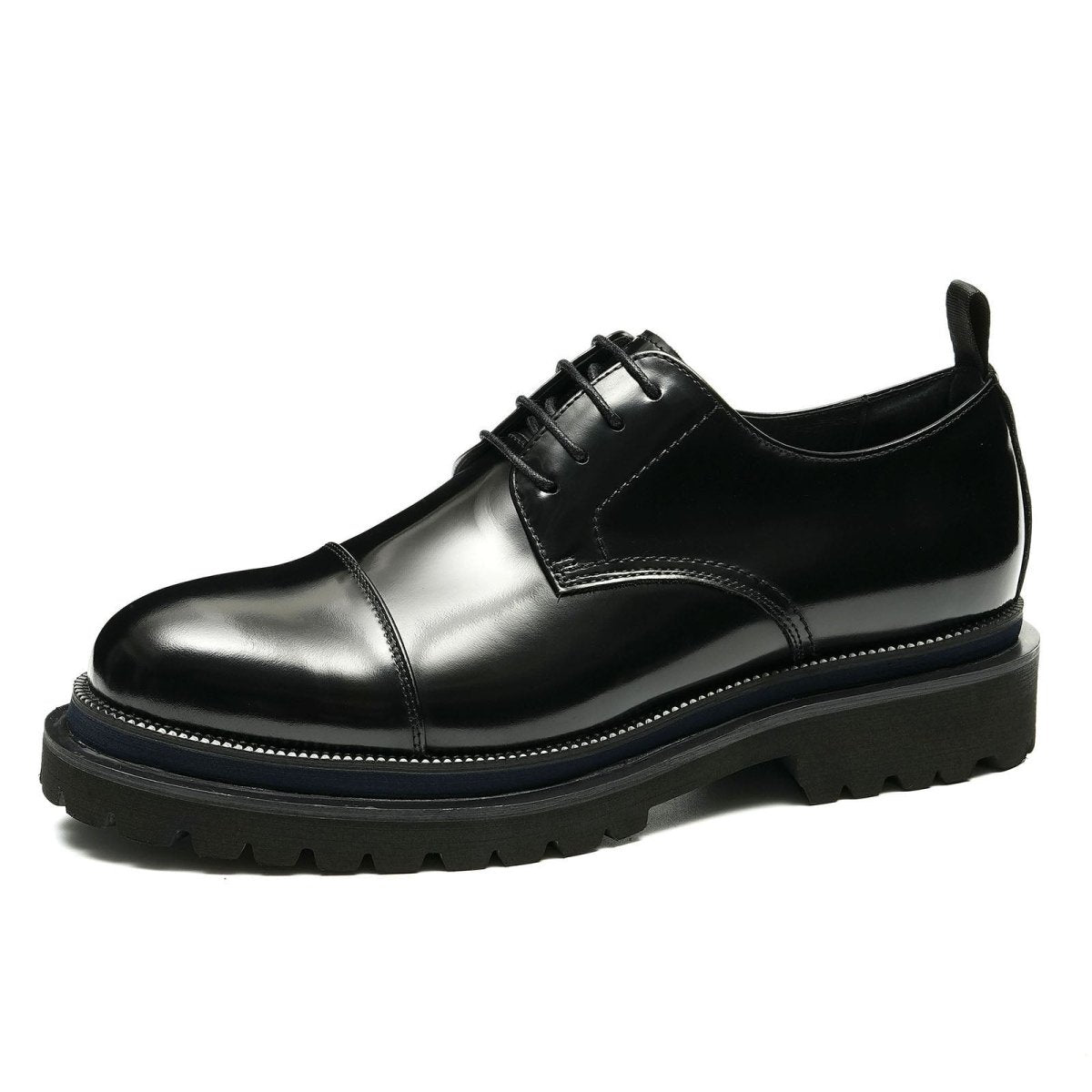 Mens glossy leather lace up derby shoes with cap toe and thick lug sole — view 3