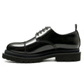 Mens glossy leather lace up derby shoes with cap toe and thick lug sole