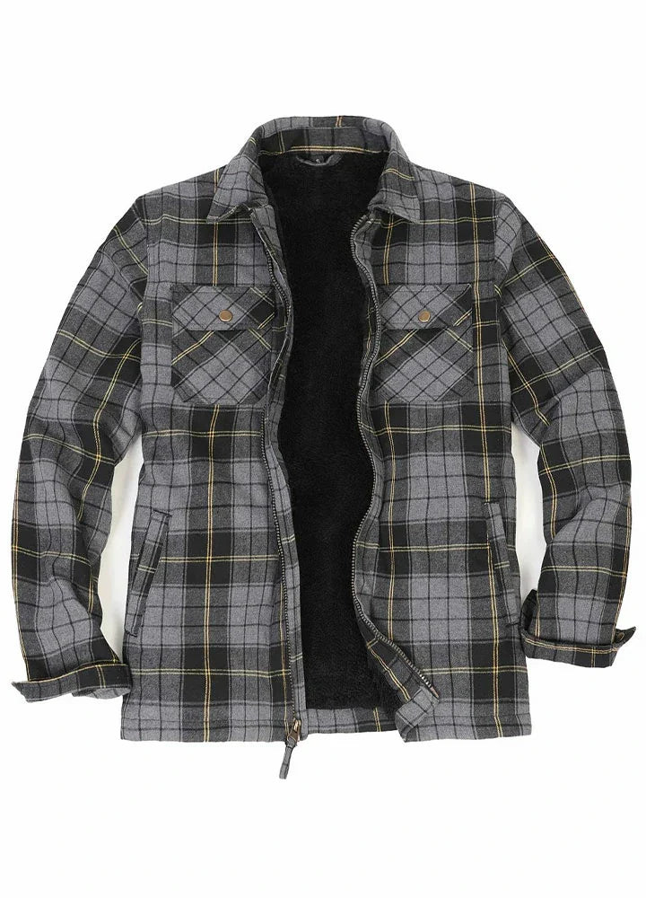 Men's sherpa lined plaid flannel shirt jacket with full zip closure and chest pockets — view 2