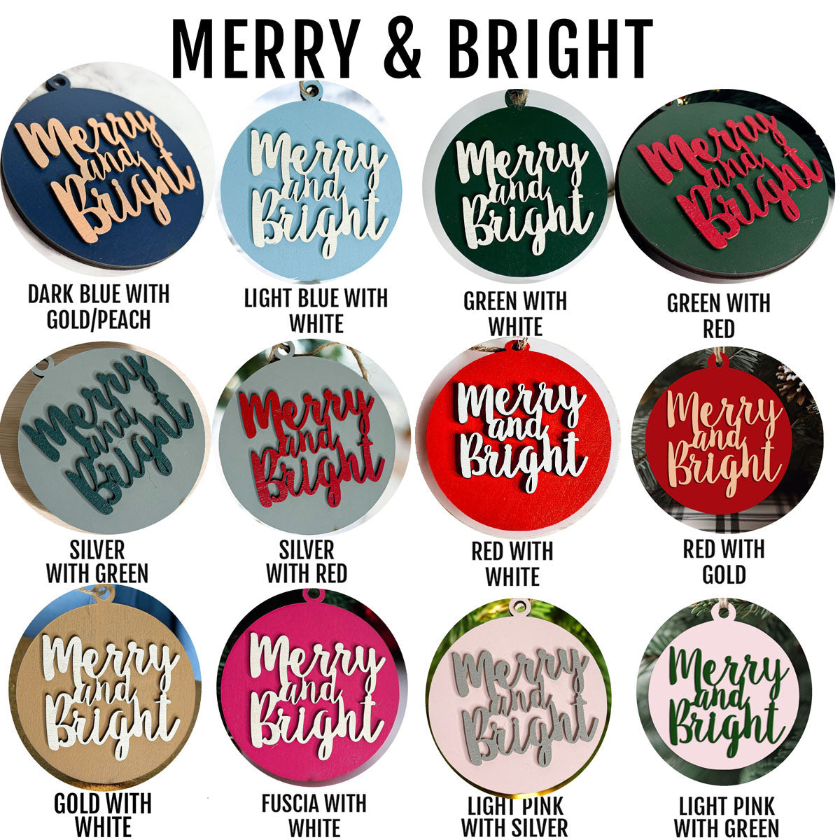 Merry and Bright wooden Christmas ornament with 3D lettering and rustic jute hanging string — view 4