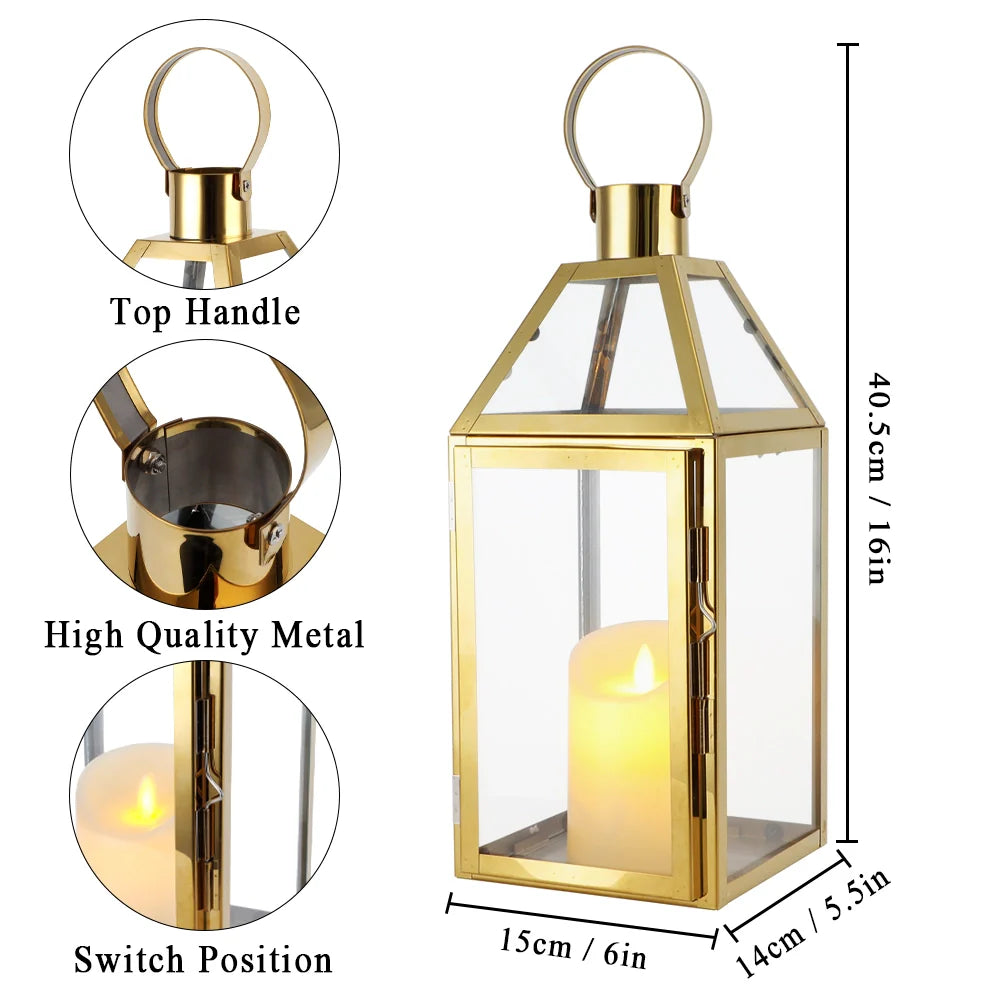 Vintage gold stainless steel decorative candle lantern with glass panes and top hanging ring. — view 5