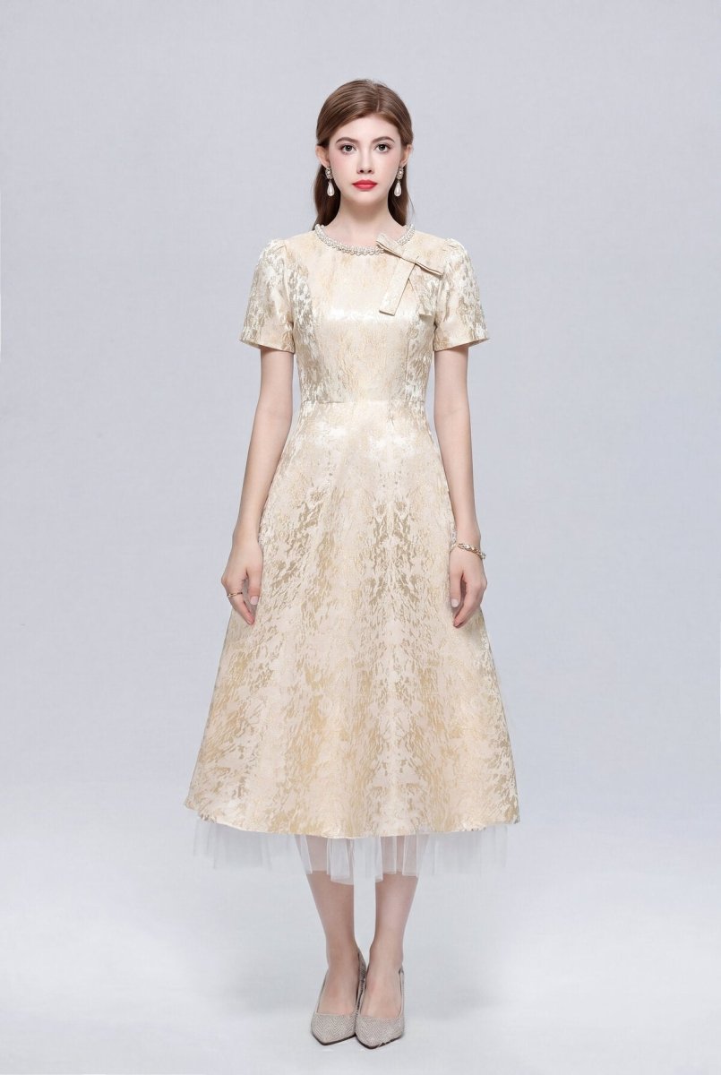 Metallic Jacquard Midi Dress with Pearl Bow Neckline and Tulle Hem-0