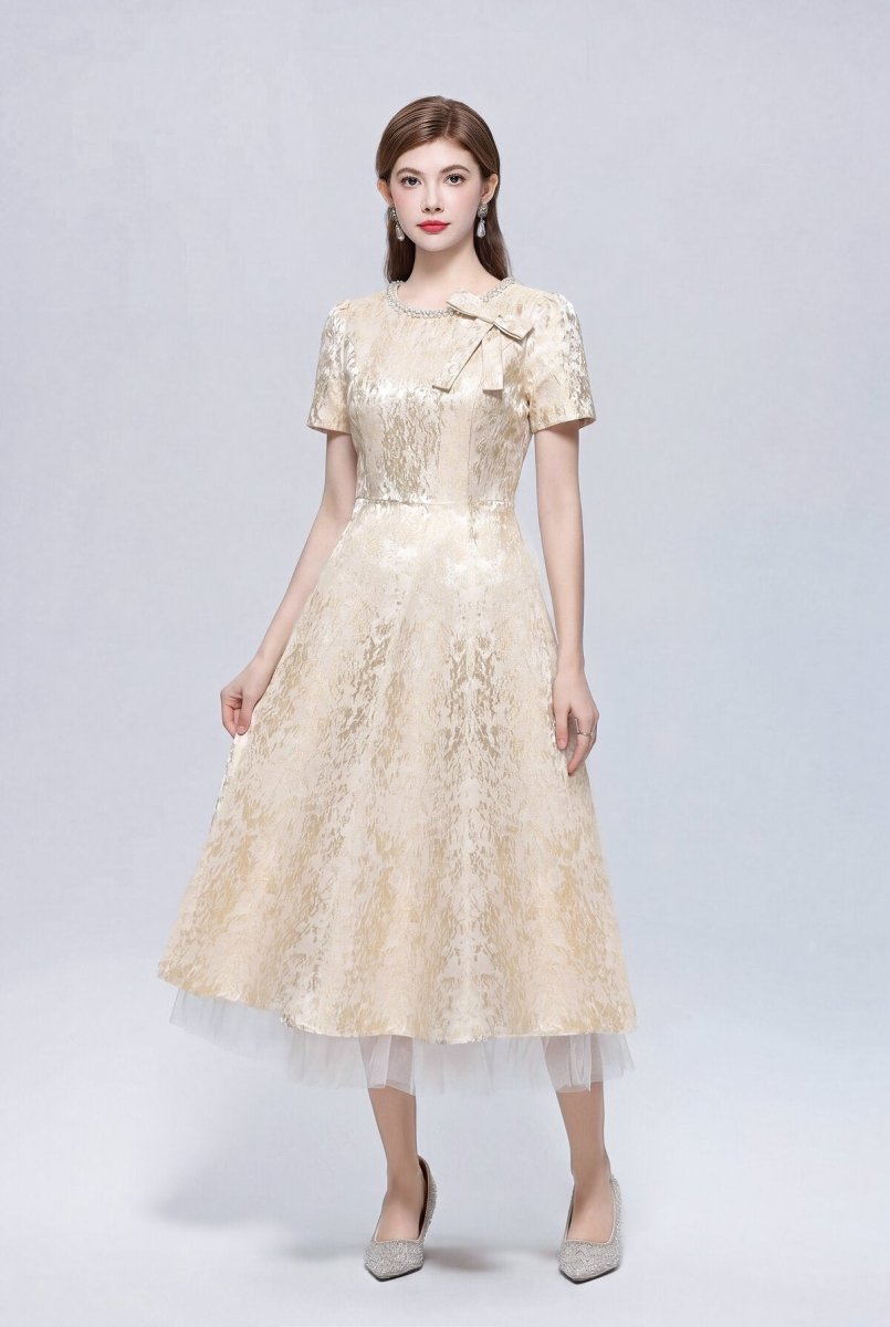 Metallic Jacquard Midi Dress with Pearl Bow Neckline and Tulle Hem-1