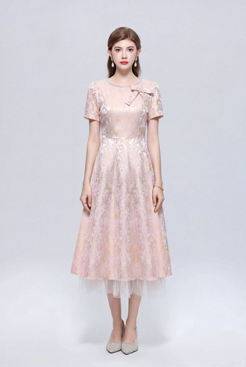 Metallic Jacquard Midi Dress with Pearl Bow Neckline and Tulle Hem-3