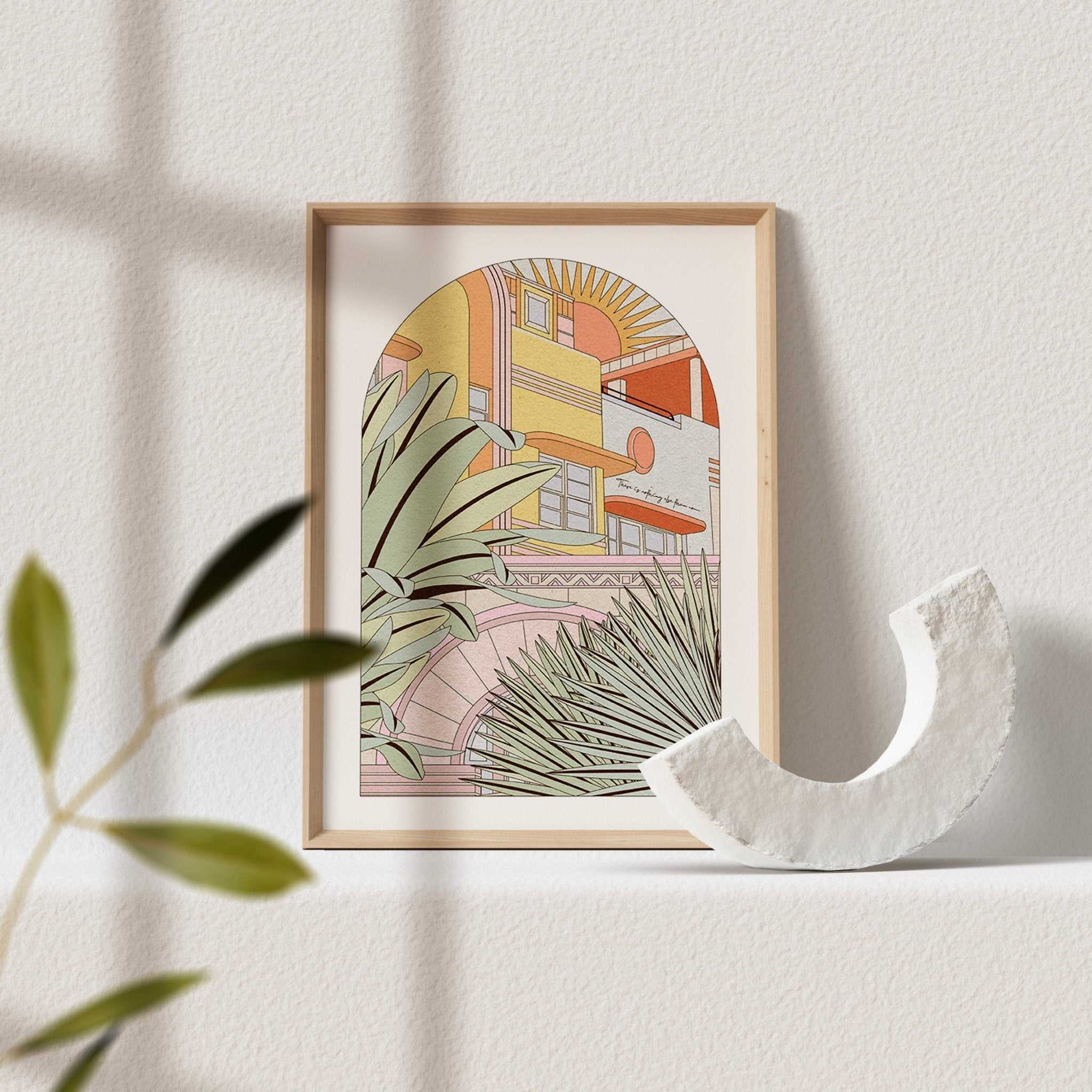 Vibrant Art Deco Miami Ocean Drive art print featuring tropical foliage and iconic colorful architecture — view 4