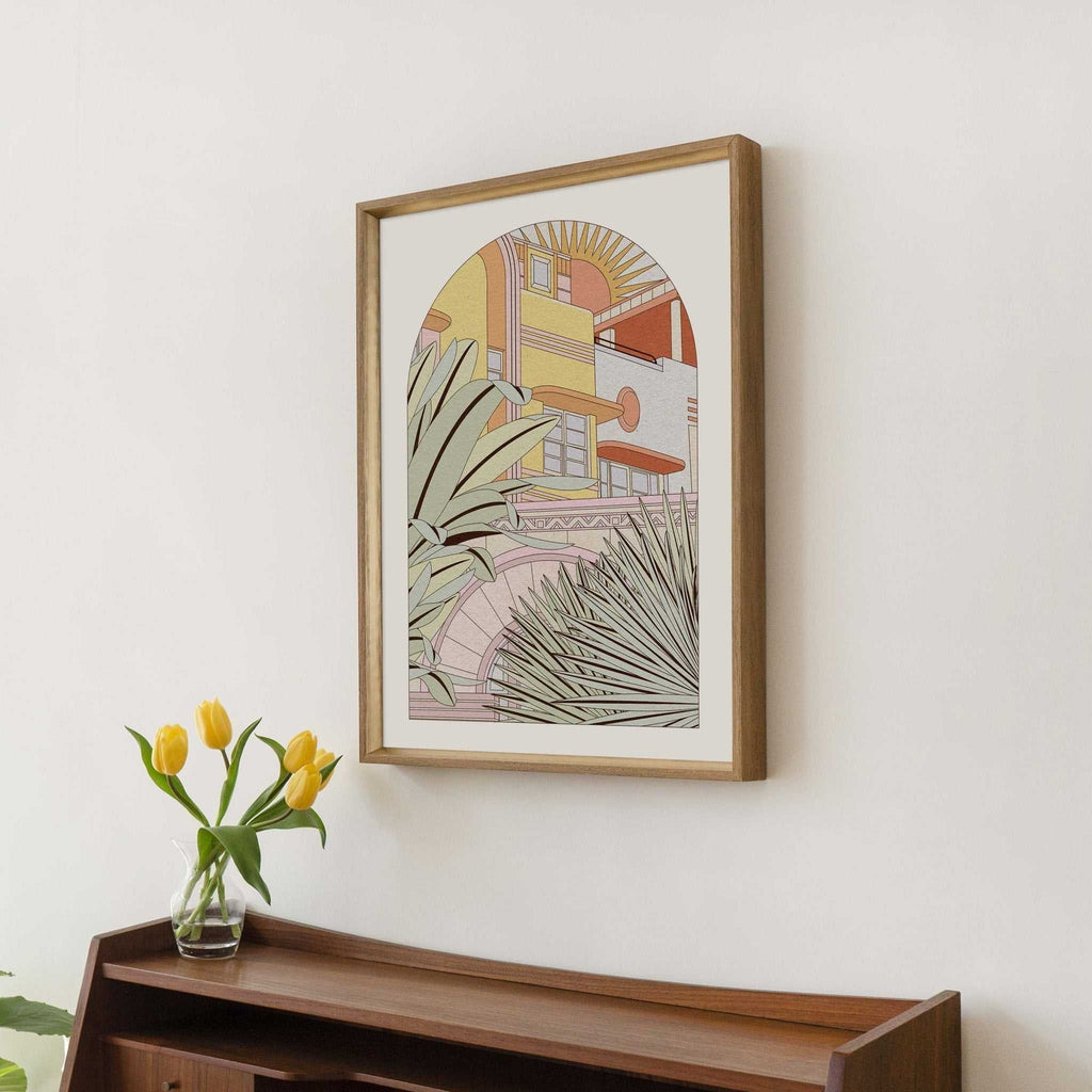 Vibrant Art Deco Miami Ocean Drive art print featuring tropical foliage and iconic colorful architecture — view 3