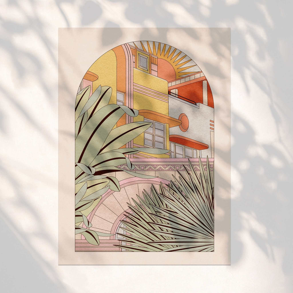 Vibrant Art Deco Miami Ocean Drive art print featuring tropical foliage and iconic colorful architecture — view 5