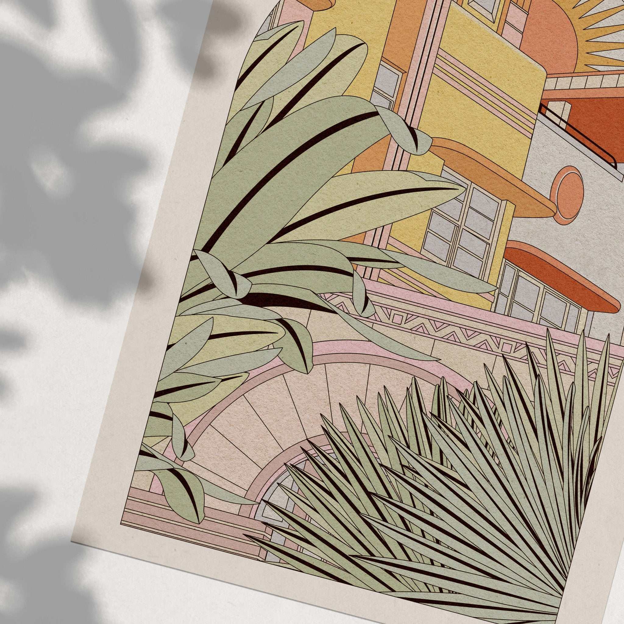 Vibrant Art Deco Miami Ocean Drive art print featuring tropical foliage and iconic colorful architecture