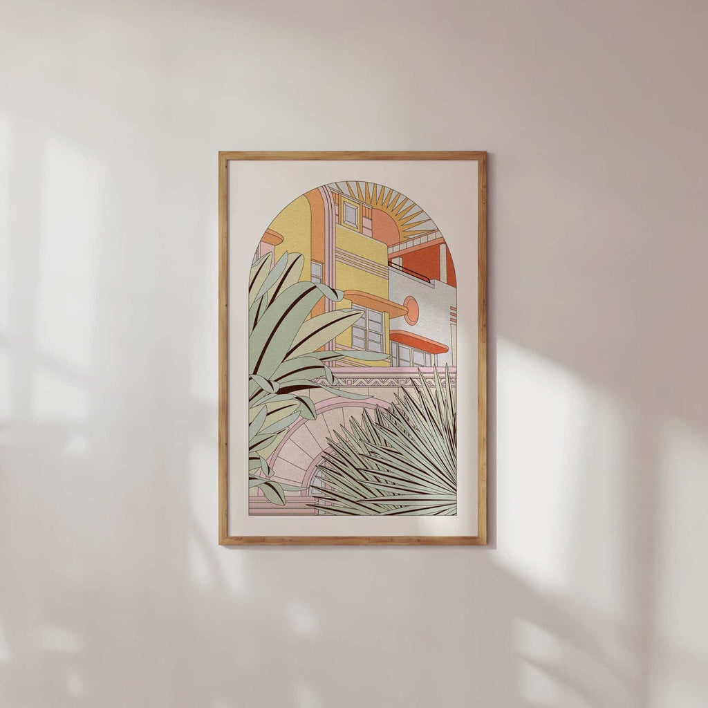 Vibrant Art Deco Miami Ocean Drive art print featuring tropical foliage and iconic colorful architecture — view 2