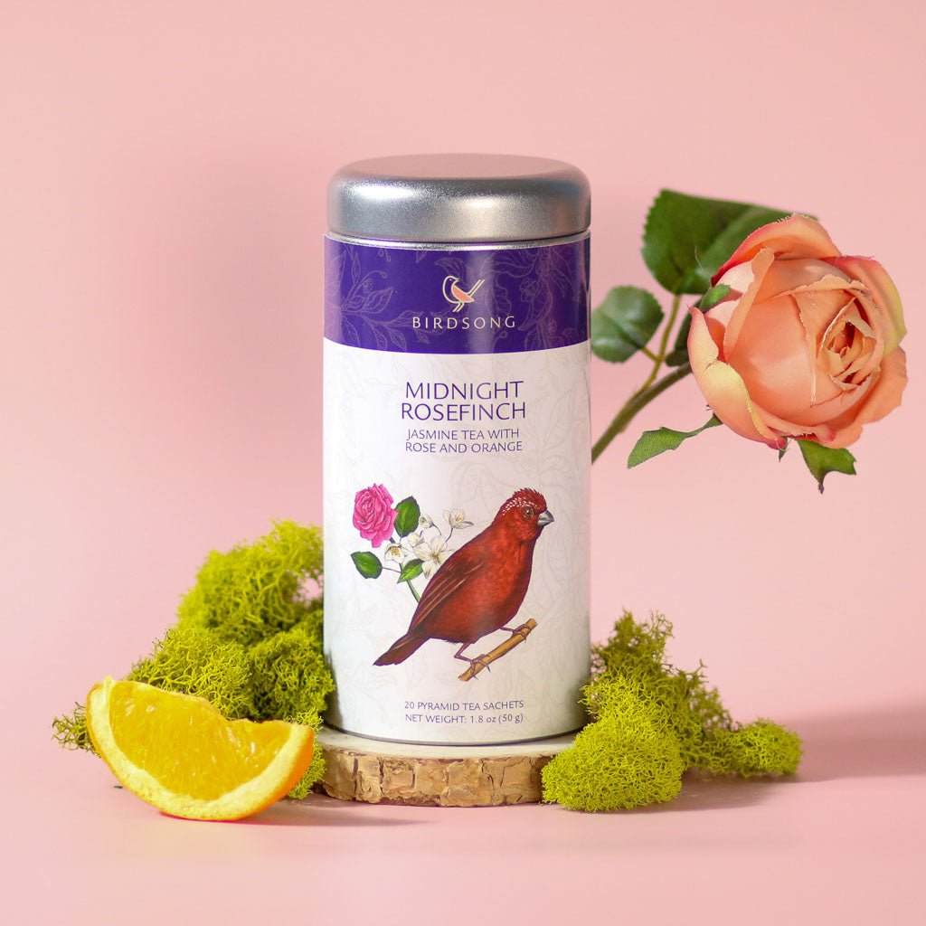 Midnight Rosefinch loose leaf green tea blend featuring jasmine blossoms, rose petals, and dried orange — view 5