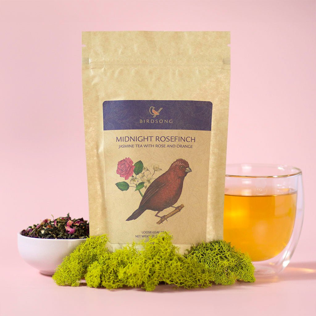 Midnight Rosefinch loose leaf green tea blend featuring jasmine blossoms, rose petals, and dried orange — view 4