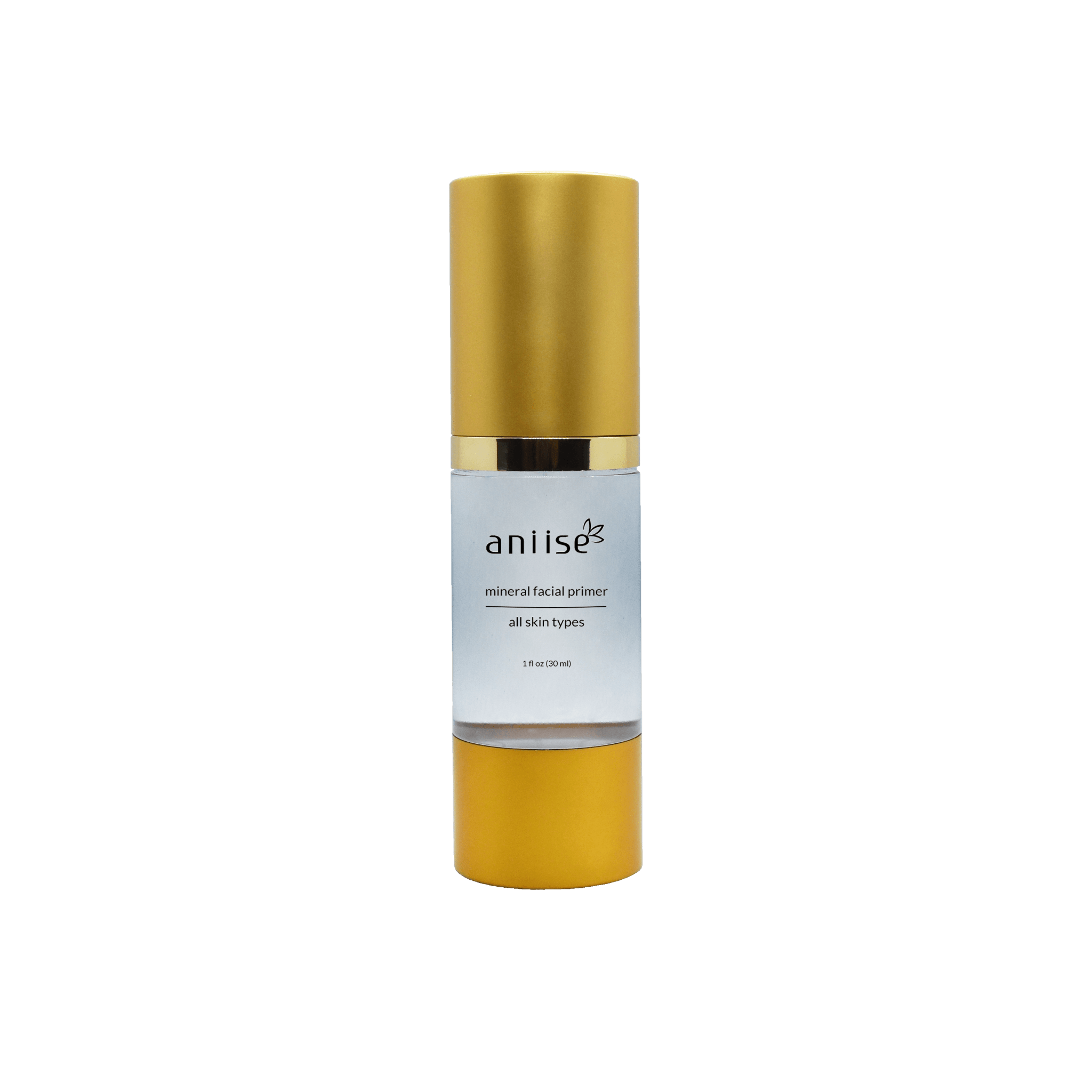 Mineral makeup facial foundation primer bottle by Aniise Beauty for smooth skin prep.