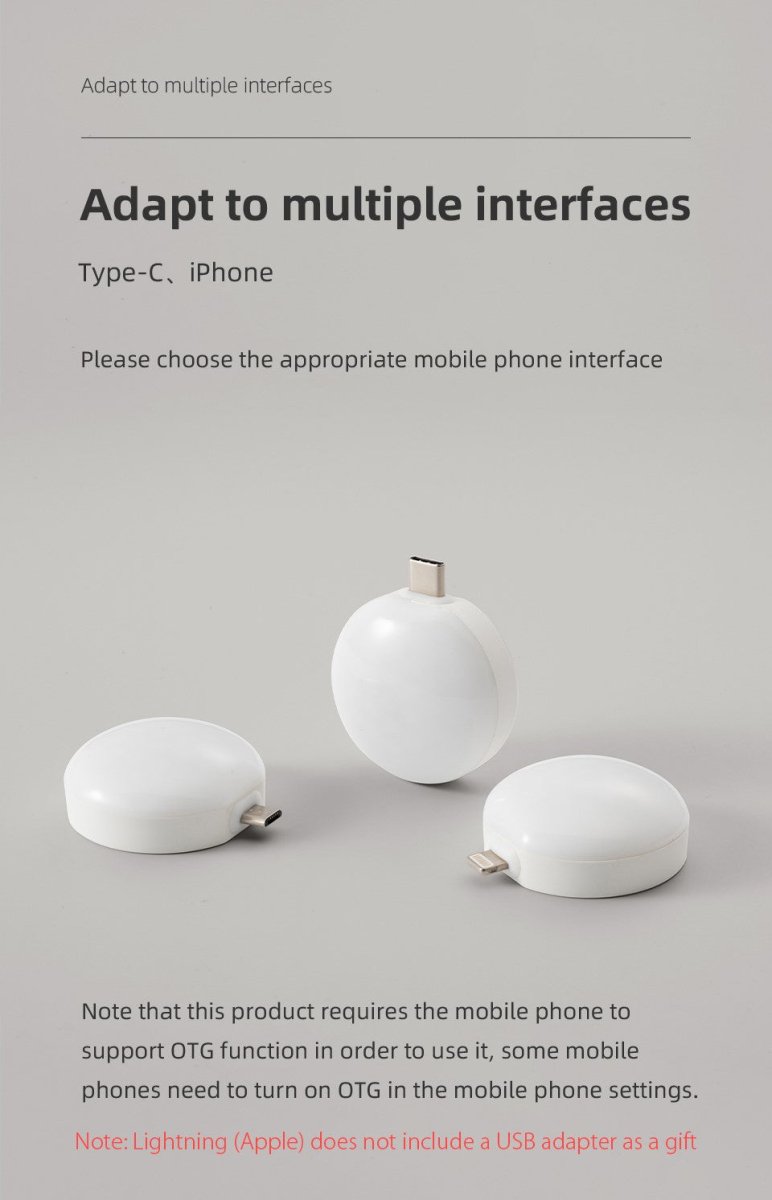 Mini portable wireless smartphone light with warm LED illumination plugged into a mobile phone — view 3