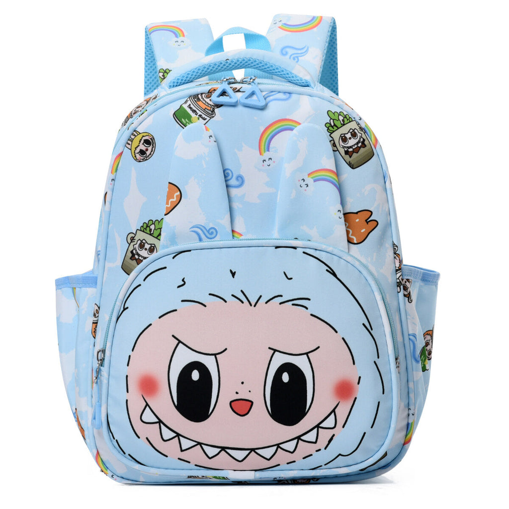Colorful Mischief Squad Labubu kids backpack in Oxford cloth with front pocket and adjustable straps