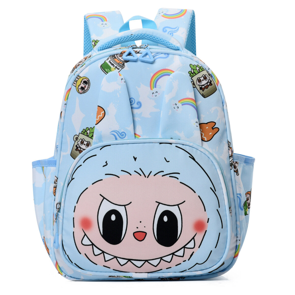 Colorful Mischief Squad Labubu kids backpack in Oxford cloth with front pocket and adjustable straps