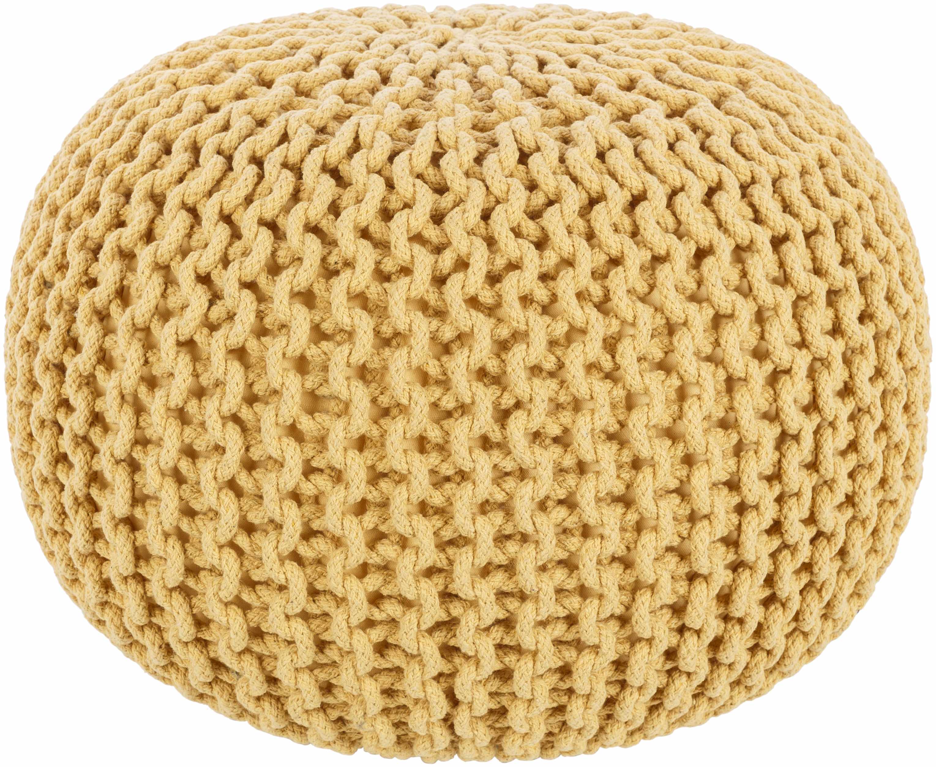 Mustard orange knitted cotton pouf with polybead fill contemporary living room footrest seating