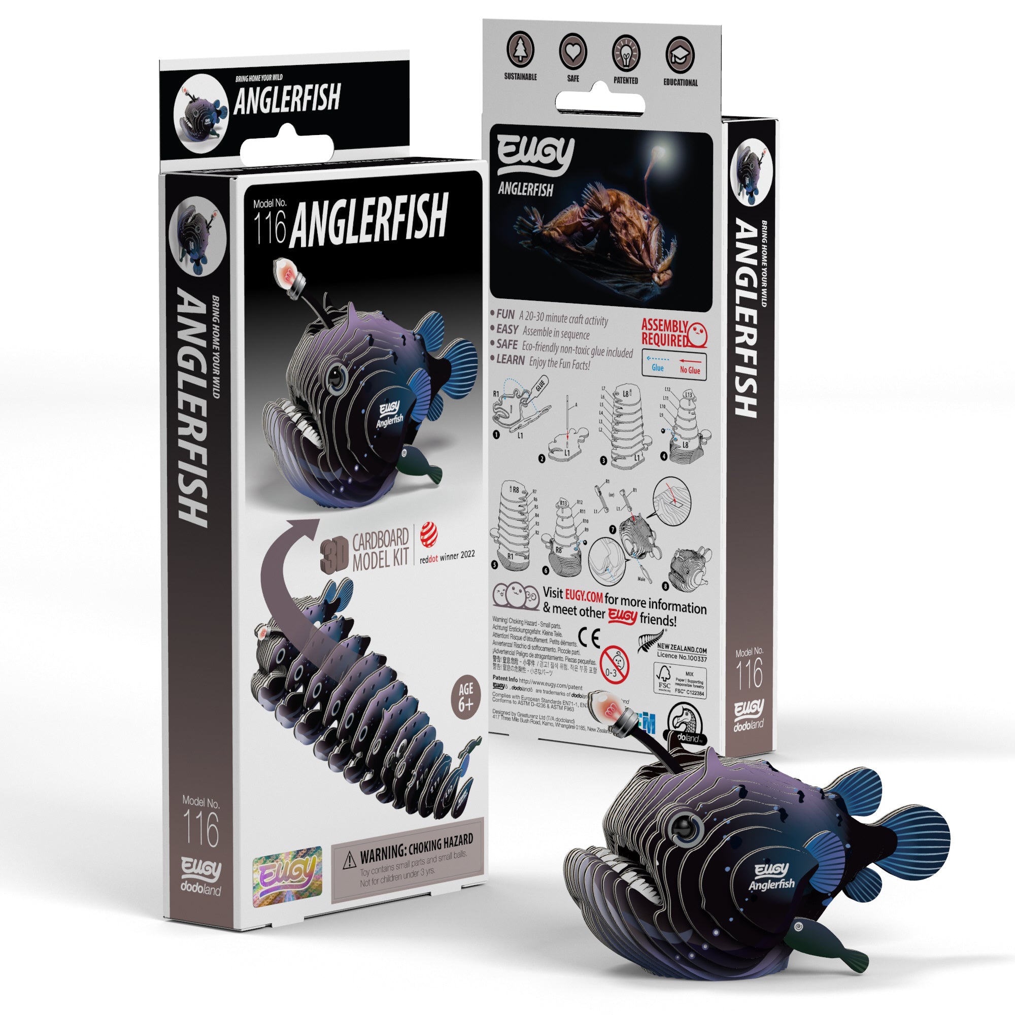 Completed eco-friendly EUGY Anglerfish 3D cardboard puzzle with bioluminescent lure and tiny parasitic male companion.