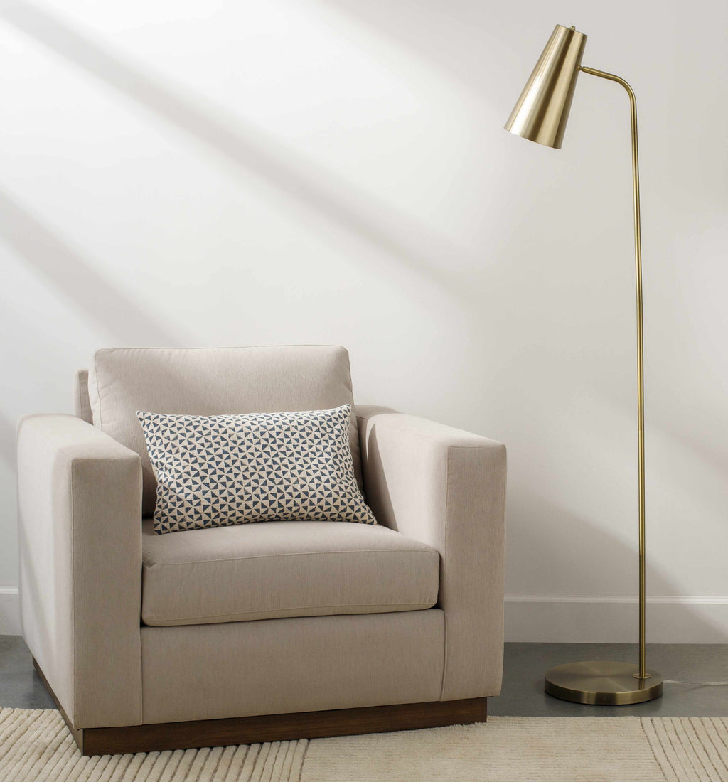 Montacuto metallic brass floor lamp with white metal shade, iron base, and foot switch cord — view 3