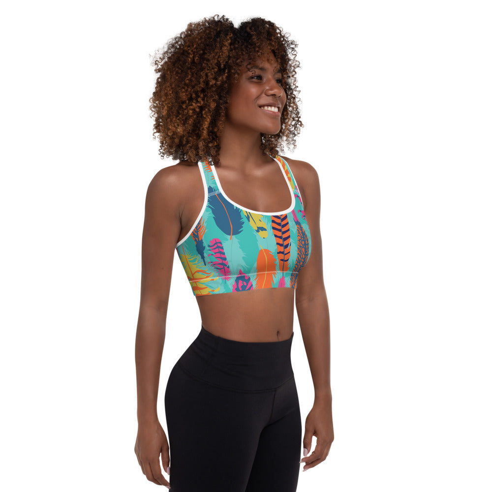 The Wanderer padded sports bra in animal print featuring a scoop neckline and racerback design — view 3