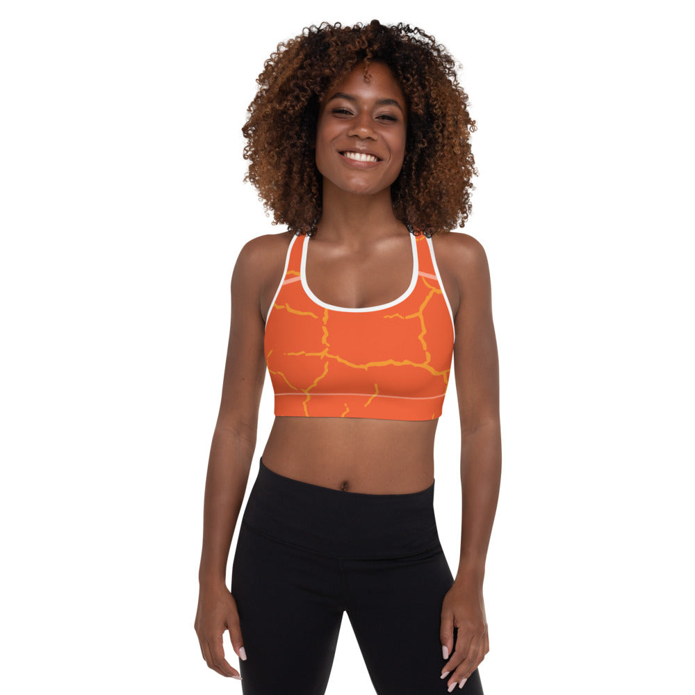Smash Crackle orange padded sports bra with scoop neckline and secure racerback design
