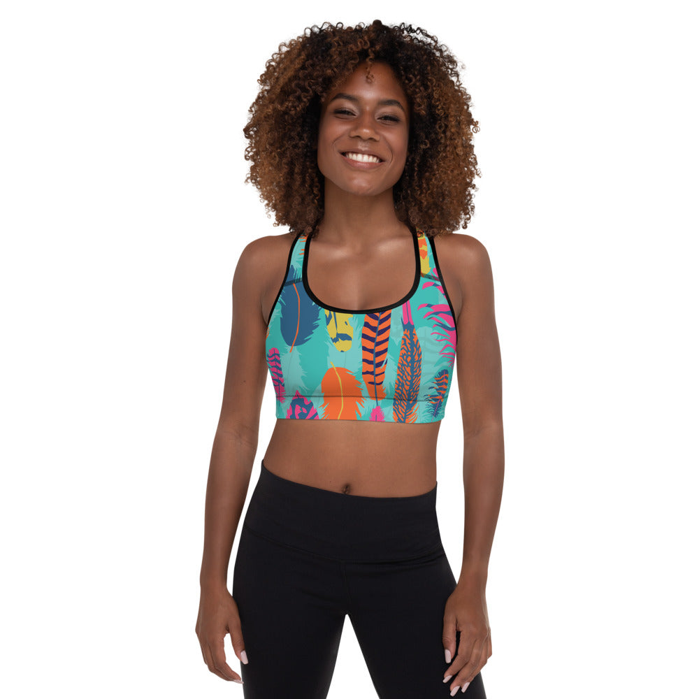 The Wanderer padded sports bra in animal print featuring a scoop neckline and racerback design — view 5