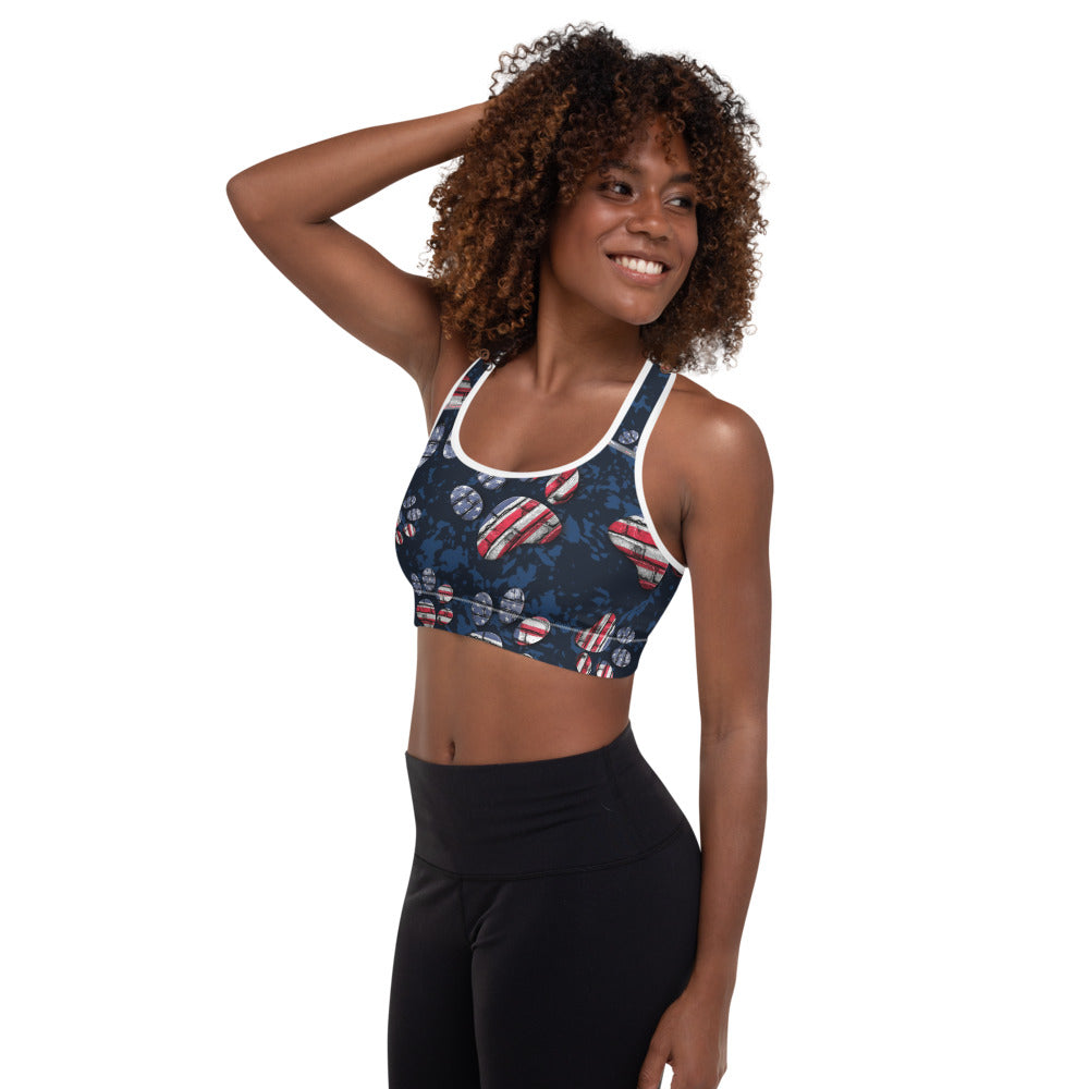 Patriotic Pup padded sports bra with scoop neckline, racerback design, and American flag inspired pattern — view 2