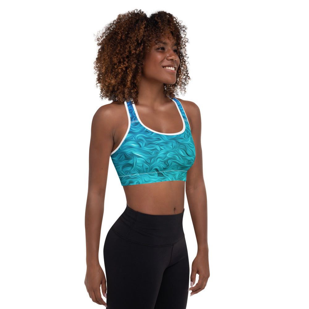 Blue abstract patterned padded sports bra with scoop neckline racerback design and wide elastic band — view 3