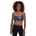 Patriotic Pup padded sports bra with scoop neckline, racerback design, and American flag inspired pattern