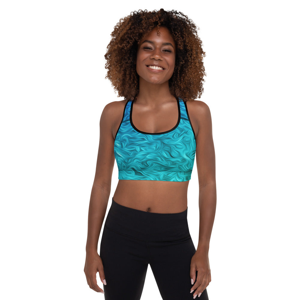 Blue abstract patterned padded sports bra with scoop neckline racerback design and wide elastic band — view 5