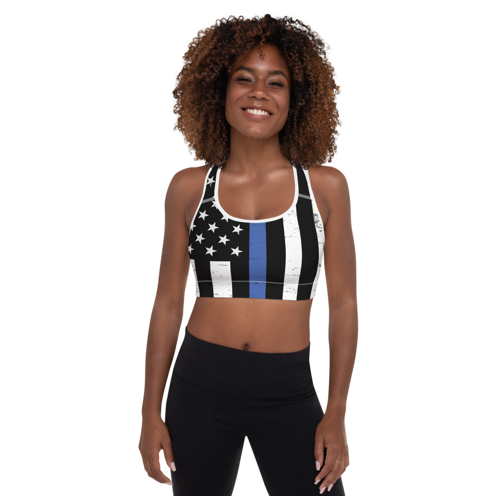 Thin Blue Line padded sports bra with racerback design and black moisture-wicking stretch fabric — view 2