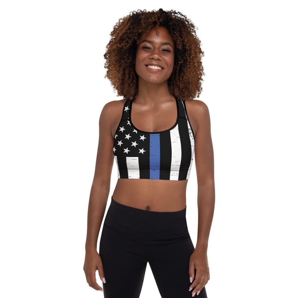 Thin Blue Line padded sports bra with racerback design and black moisture-wicking stretch fabric