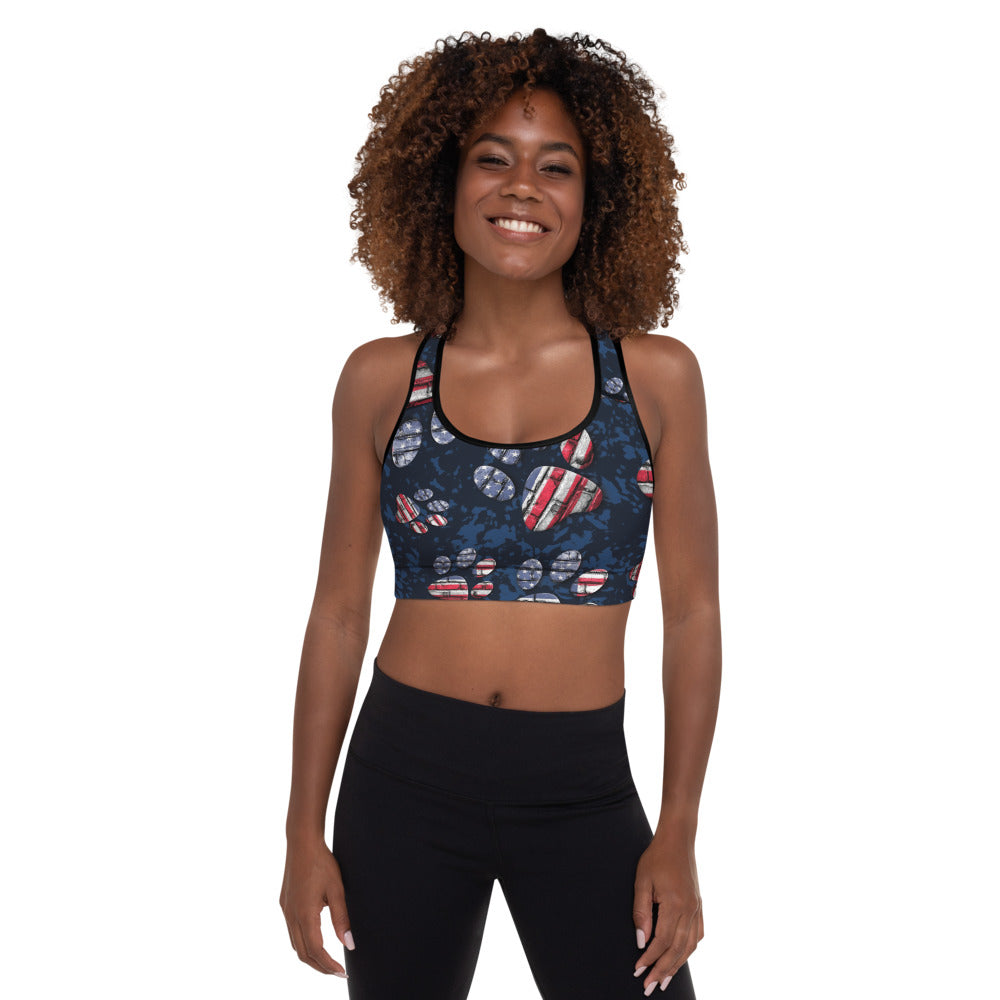 Patriotic Pup padded sports bra with scoop neckline, racerback design, and American flag inspired pattern — view 5