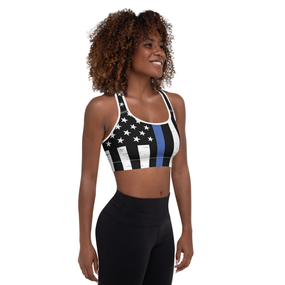 Thin Blue Line padded sports bra with racerback design and black moisture-wicking stretch fabric — view 4