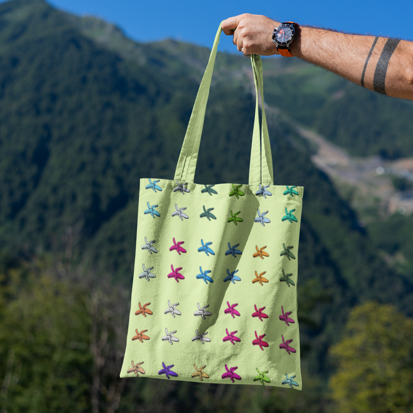 La Banane canvas tote bag featuring a colorful playful banana print and sturdy shoulder straps — view 5