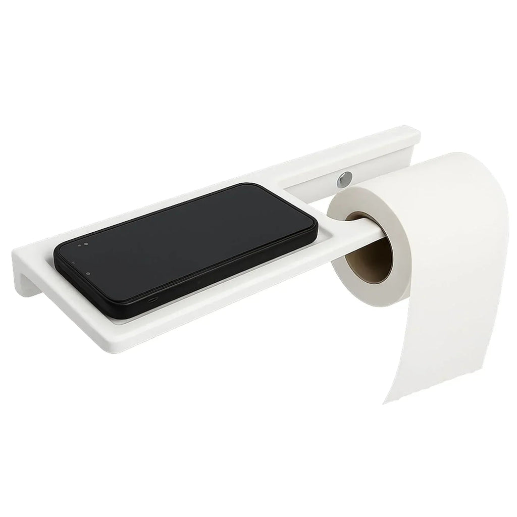 Modern white ceramic toilet paper holder with integrated mobile phone stand for bathroom