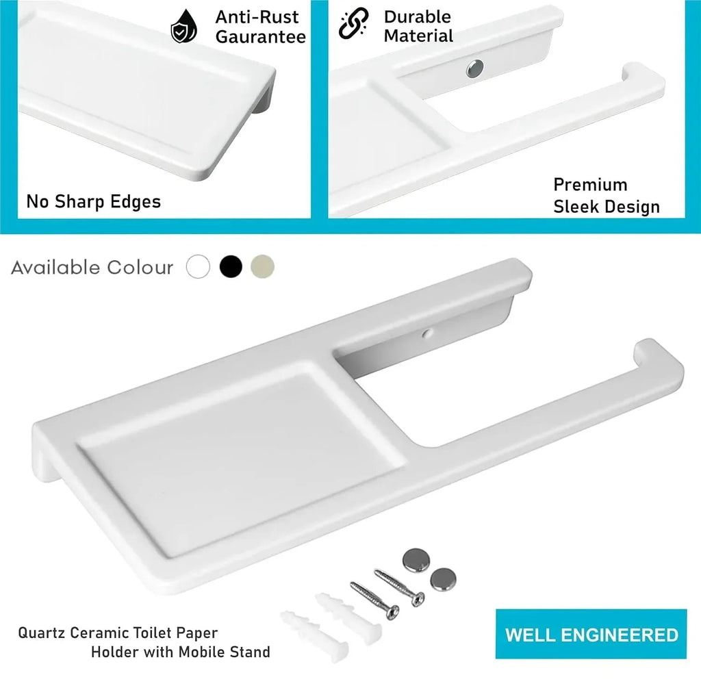 Modern white ceramic toilet paper holder with integrated mobile phone stand for bathroom — view 2