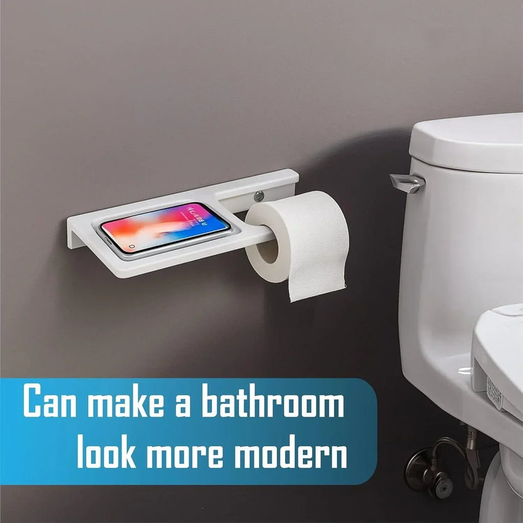 Modern white ceramic toilet paper holder with integrated mobile phone stand for bathroom — view 3