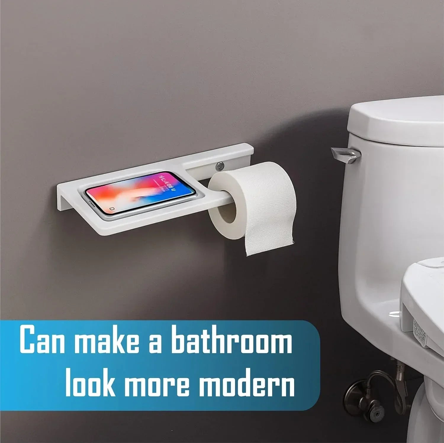 Modern white ceramic toilet paper holder with integrated mobile phone stand for bathroom — view 3