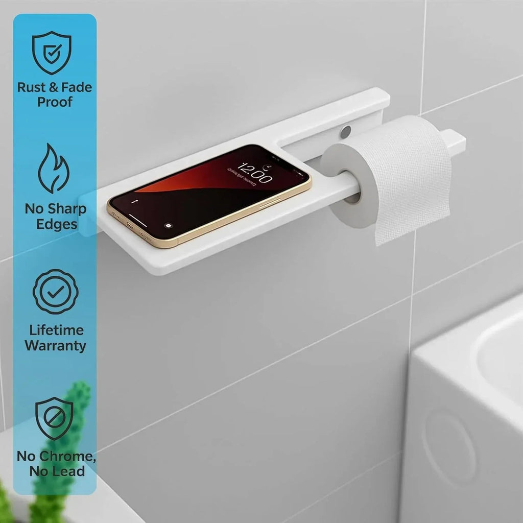 Modern white ceramic toilet paper holder with integrated mobile phone stand for bathroom — view 5