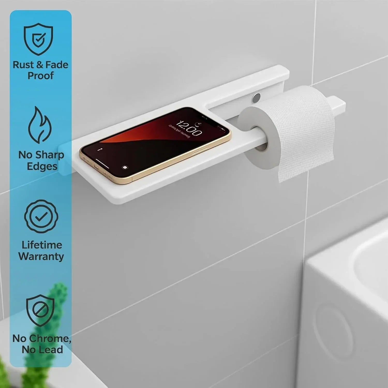 Modern white ceramic toilet paper holder with integrated mobile phone stand for bathroom — view 5