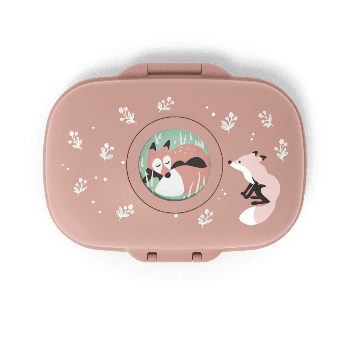 Monbento Gram kids snack box in cinnamon fox design with airtight lid and rounded edges