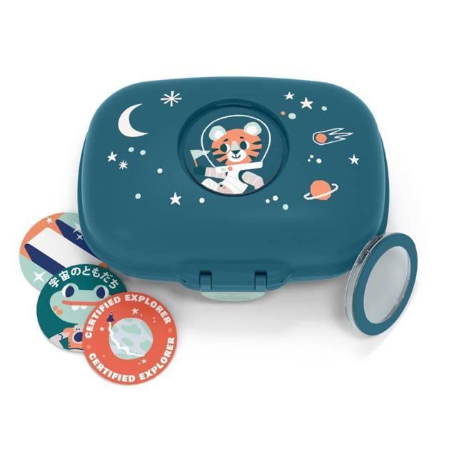 Monbento Gram cosmic blue kids snack box with customizable lid and rounded edges for school