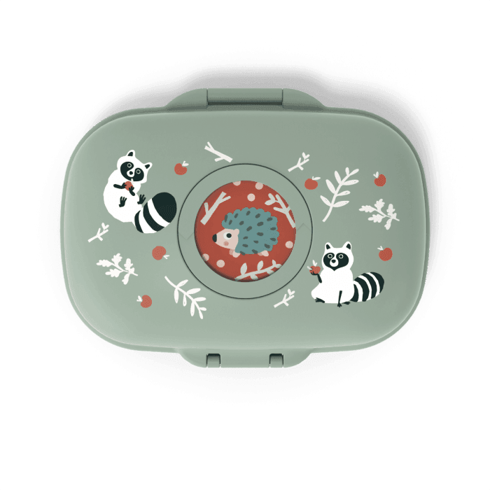 Green raccoon kids snack box with customizable lid and rounded edges for safe food storage