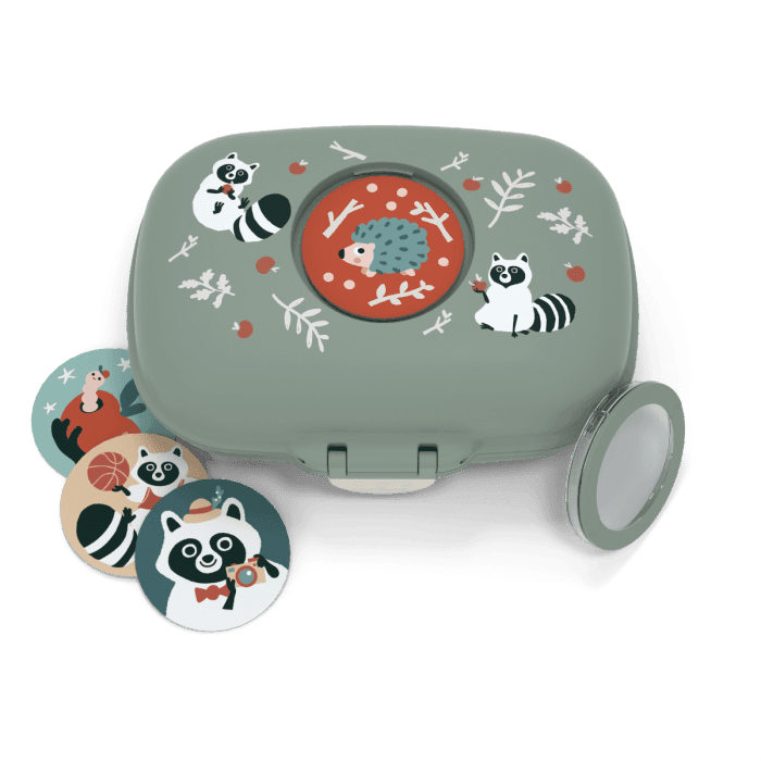 Green raccoon kids snack box with customizable lid and rounded edges for safe food storage — view 2