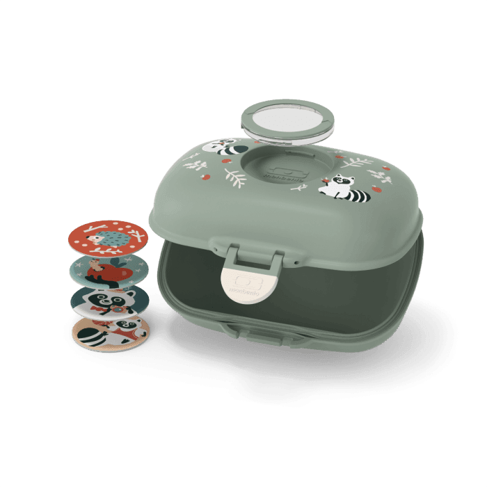 Green raccoon kids snack box with customizable lid and rounded edges for safe food storage — view 3