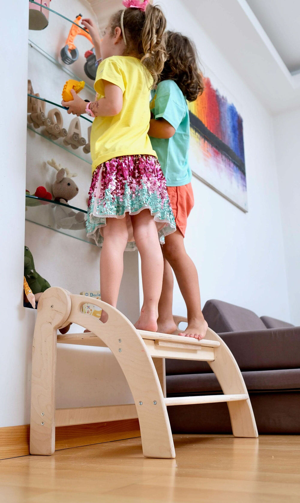 Twins Montessori kitchen stool in natural birch wood, wide two-step folding design for children. — view 3