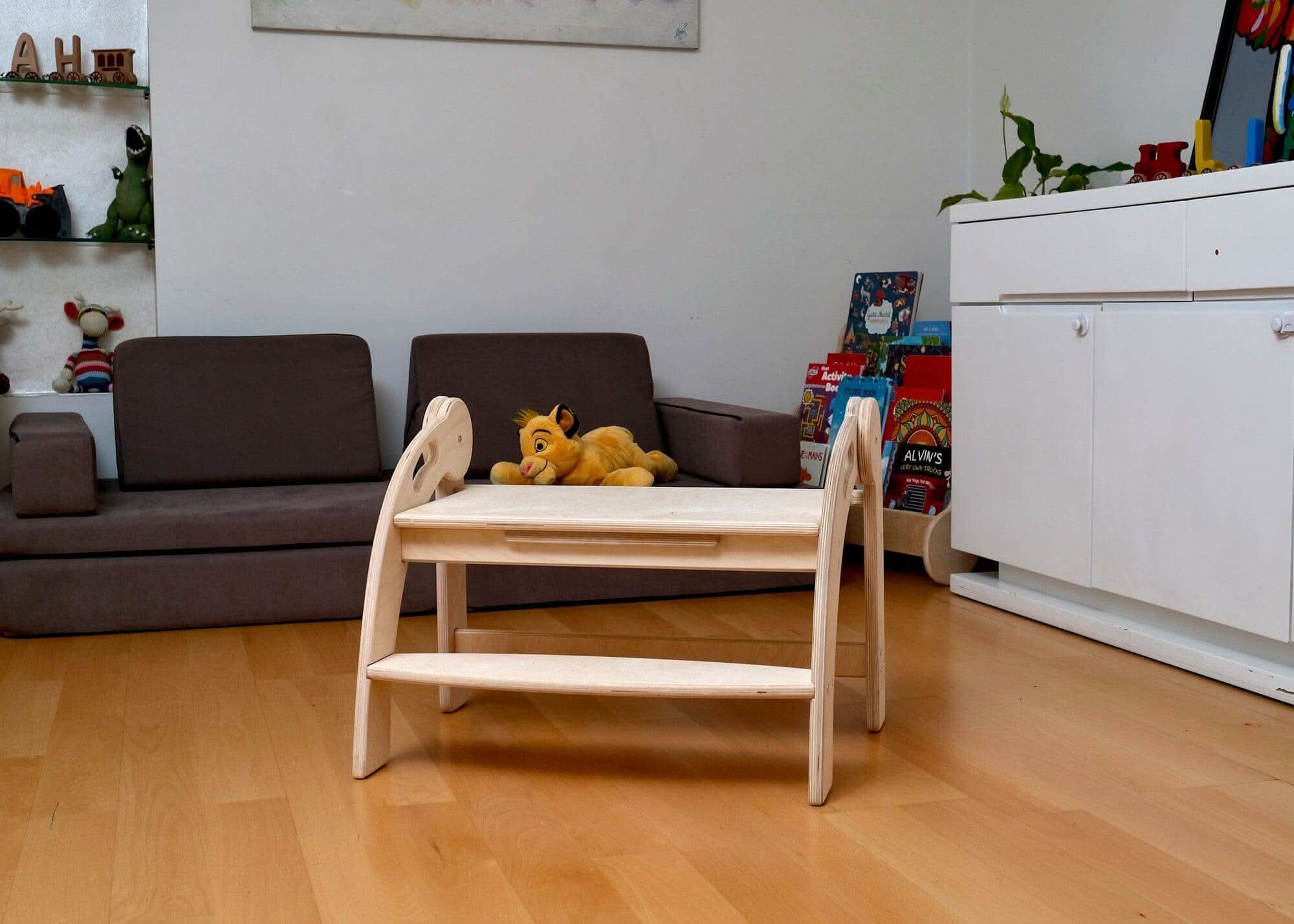 Twins Montessori kitchen stool in natural birch wood, wide two-step folding design for children. — view 5