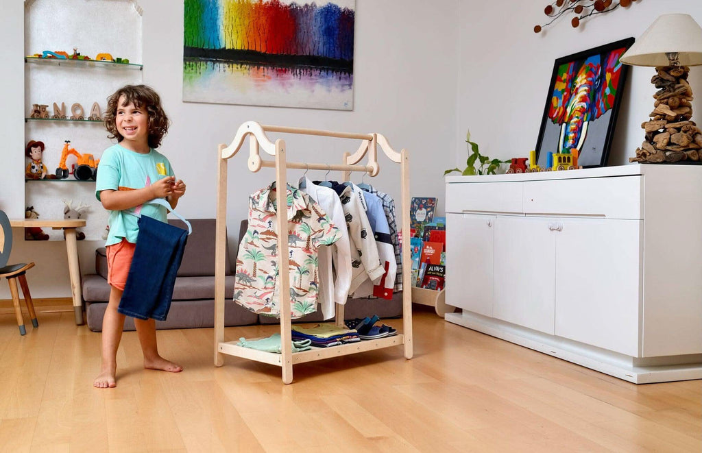 Montessori wooden wardrobe set and clothes rack made of natural birch wood for toddlers. — view 5