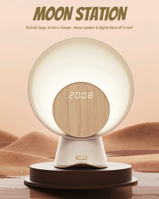 Moon Station smart bedside lamp with wireless charger, Bluetooth speaker, and alarm on wood panel